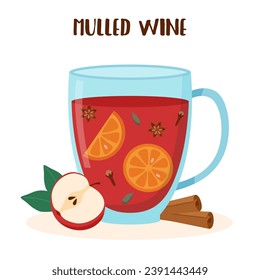 Cup of mulled wine with orange slices, anise, apple and cinnamon sticks	