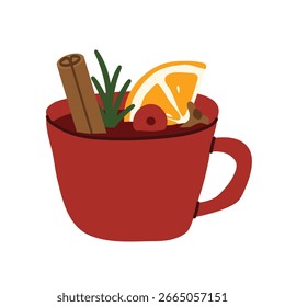 cup of mulled wine with orange slices, cinnamon roll and clove - vector illustration