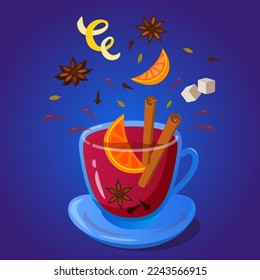 A cup of mulled wine with splash of spices. Vector color illustration.