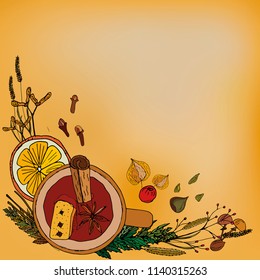A cup of mulled wine with a stick of cinnamon, badjan, orange, elements of plants. View from above. Vector drawing. Template for social networks.