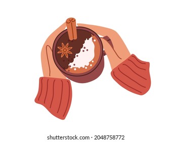 Cup of mulled wine with winter spices in hands in warm sweater. Mug of gluhwein, hot spicy Christmas drink with cinnamon stick and star anise. Flat vector illustration isolated on white background