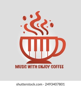 A cup of music with a coffee mug that says music-Coffee with music logo- piano logo- coffee shop