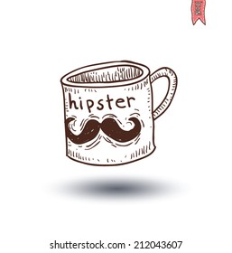 Cup with mustache, hand drawn illustration. 