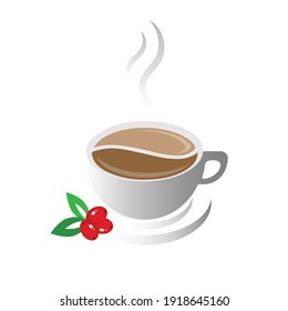A cup of natural coffee with coffee leaves and grains nearby.