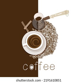 A cup of natural freshly brewed coffee, against the background of coffee beans and a coffee maker. Coffee attribute poster top view