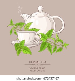 cup of nettle tea and teapot on color background