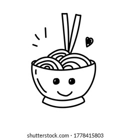 Cup of noodle with facial expression draw in doodle style isolated on white background 