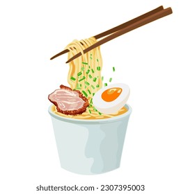 Fideos de la copa, fideos con huevo, carne y verduras, aislados en fondo blanco, ilustración vectorial