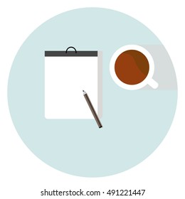 Cup notebook and pencil in round