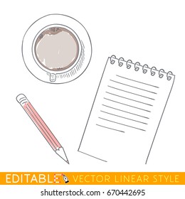 Cup notes pen view of top. Editable line sketch. Stock vector illustration