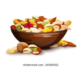 Cup with nuts fresh raw food mix composition vector illustration