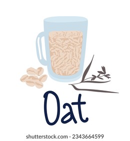 cup of oat Cartoon plate with oatmeal or muesli. Isolated oat bowl and scattered flakes. Traditional morning food. Healthy meal for breakfast cooking from cereal. Vegan product, vector illustration,