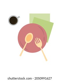 a cup off coffee and a plate with spoon and fork on the napkin