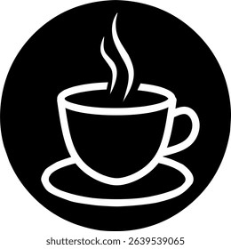 Cup off coffee or tea round circle Icon for design. Outline flat illustration. Easily editable. White line on black background.