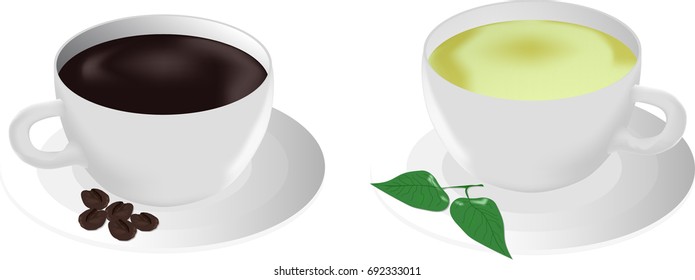 a cup off coffee and a cup of tea in white background