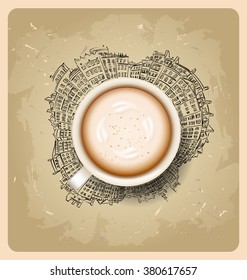 cup on city vector background. latte it`s coffee time. illustration of Planet earth traveling around the world concept and city skyscrapers