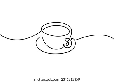 Cup on a saucer in continuous line art drawing style. Tea or coffee cup black linear design isolated on white background. Vector illustration