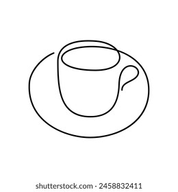 Cup on saucer in continuous line art drawing style. Hot drink black linear design isolated on white background. Vector illustration