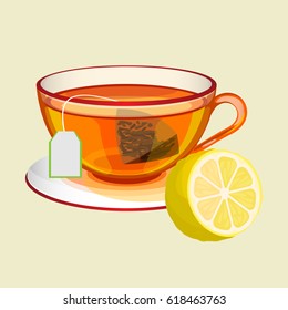 Cup on saucer with tea bag, water and fresh lemon
