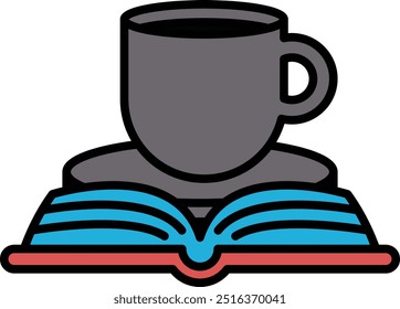 A cup is on top of an open book. The cup is black and the book is blue and red