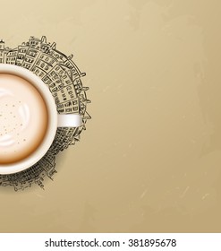 cup on  vector background. latte with foam. it`s coffee time. illustration of Planet earth traveling around the world concept and city skyscrapers
