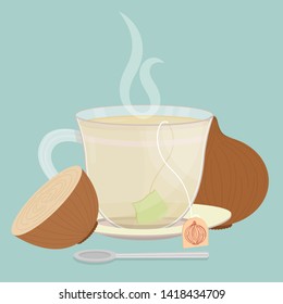 Cup of onion tea. Tea sachet with sliced onion next to the saucer. Smoke on the drink. Spoon in front of cup.