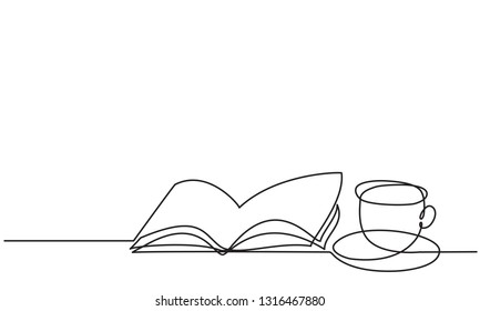 Cup and open book. Continuous line drawing