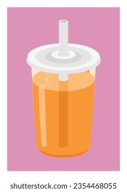 A cup of orange juice in plastic container with straw. Simple flat illustration