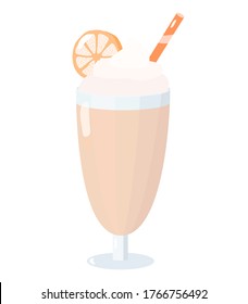 Cup of orange milkshake with cream and orange on top. Flat vector illustration isolated on white background for cafe, restaurant or menu.