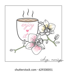 Cup and orchid flowers vector picture.