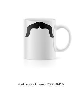 The cup with painted mustache standing on a white background