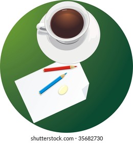 Cup and paper with pencils. Abstract composition. Vector
