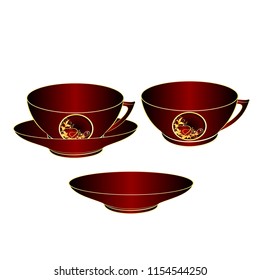 Cup part of black and red porcelain  gold ornament heart   and leaves on a white background  vintage vector illustration editable hand draw