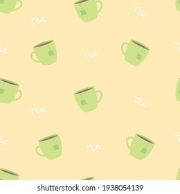 Cup-Muster, grüne Becher mit Tee, nahtlose Vektorgrafik