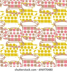 Cup in pattern, polka, seamless vector background.