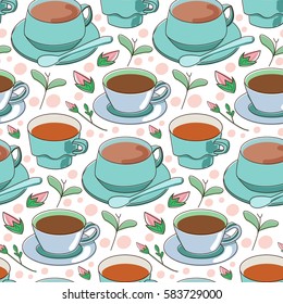 Cup pattern: cup of tea with roses and hand drawn elements in pastel color