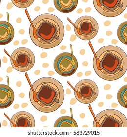 Cup pattern: cup of tea with spoon and hand drawn elements in pastel color