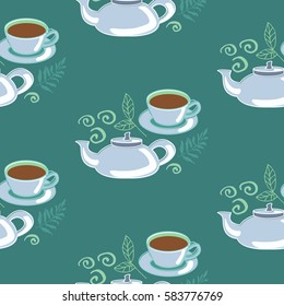 Cup pattern: cup of tea with teapot and hand drawn elements in blue color