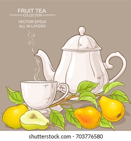 cup of pear tea and teapot on color background