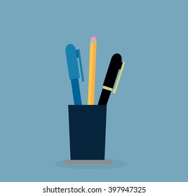 Cup with pen and pencil. Education concept. Office, school education, stationery writing tool, pencil in container, pen basket, elementary instrument vector illustration