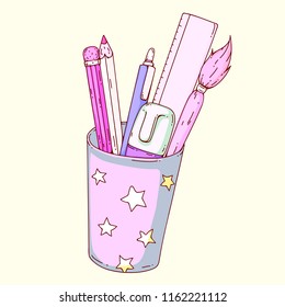 Cup with pencils. Isolated doodle style illustration. Back to school theme. Cute cartoon, hand drawn.