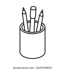 Cup with pencils and marker for writing or drawing. Isometric vector icon. Editable stroke.