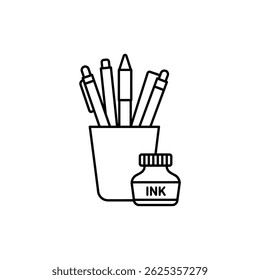 Cup of Pens and Open Ink Bottle - Office Supplies and Workspace