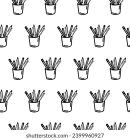 Cup with pens and pencils seamless pattern. Doodle outline pattern with cup with pens. Cup with pens wrapper, wallpaper for school design, textiles, d