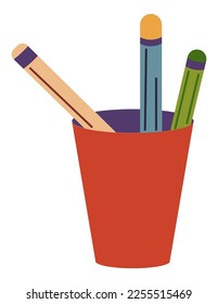 Cup with pens and pencils for writing, isolated school supplies. Education and studies, objects for lessons and classes. Drawing and writing down with instruments. Vector in flat style illustration