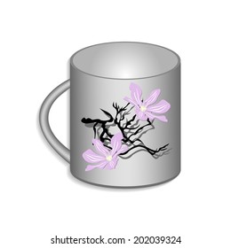 Cup with a picture of a purple flowers, vector, eps 10