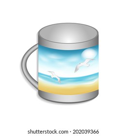 Cup with a picture of a sea and gulls, vector, eps 10