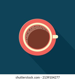 Cup of pink color with cocoa on dark blue background in flat style, vector illustration