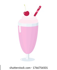 Cup of pink milkshake with cream and cherry on top. Flat vector illustration isolated on white background for cafe, restaurant or menu.