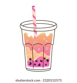 Cup of pink orange bubble tea with stick and tapioca in flat style isolated on white background. For print, design, poster